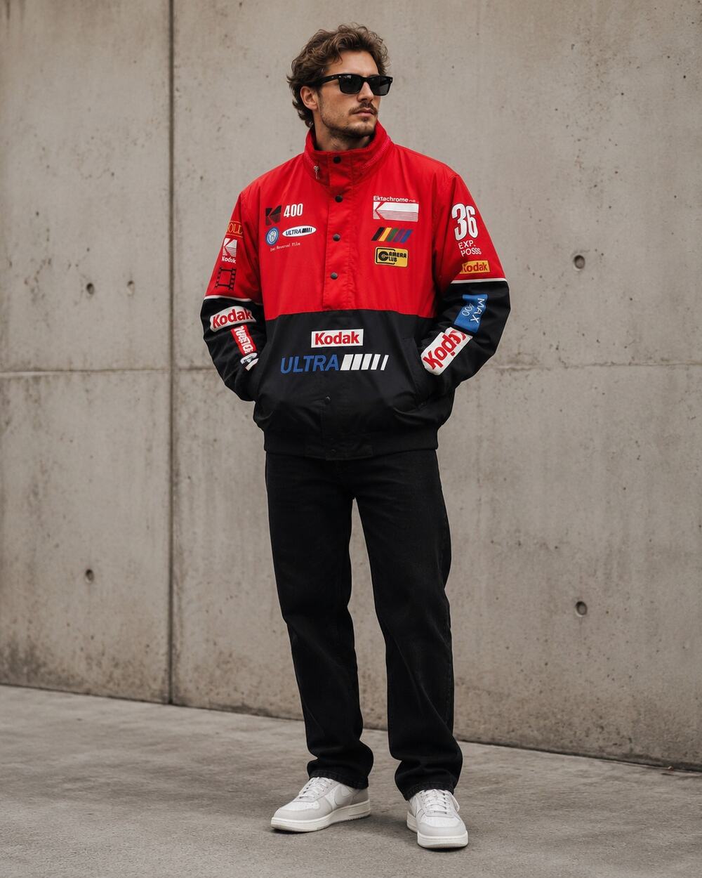 Kodak Ultra Racing Jacket Men L Red Black Film Camera Retro Streetwear Y2K